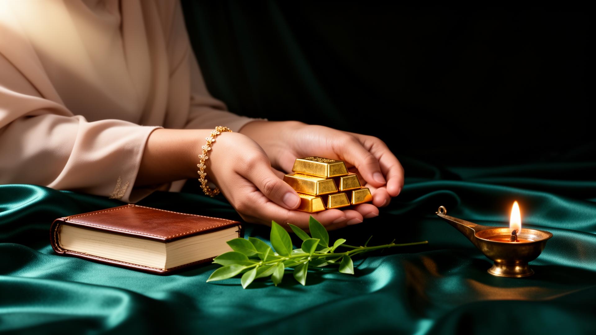 Gold bar resting on emerald silk